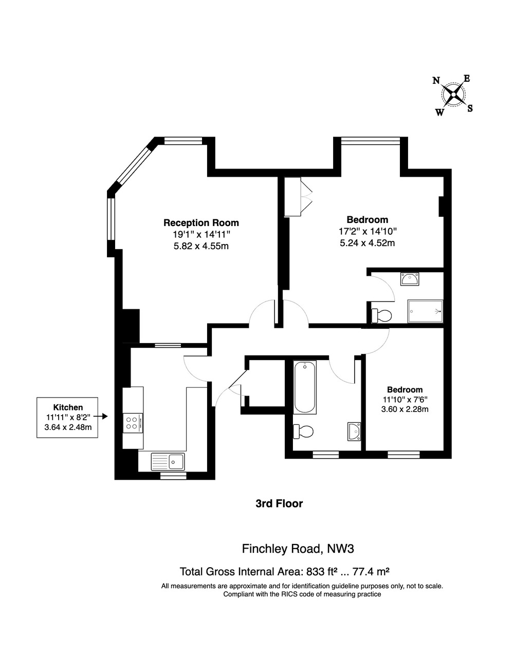 Floor plan, Finchley Road, NW3 — 3rd floor, 833 sq ft