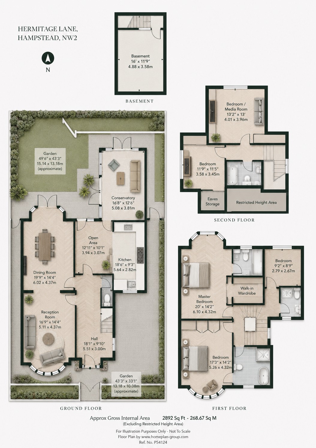 Hermitage Lane, Hampstead — full floor plan, all levels
